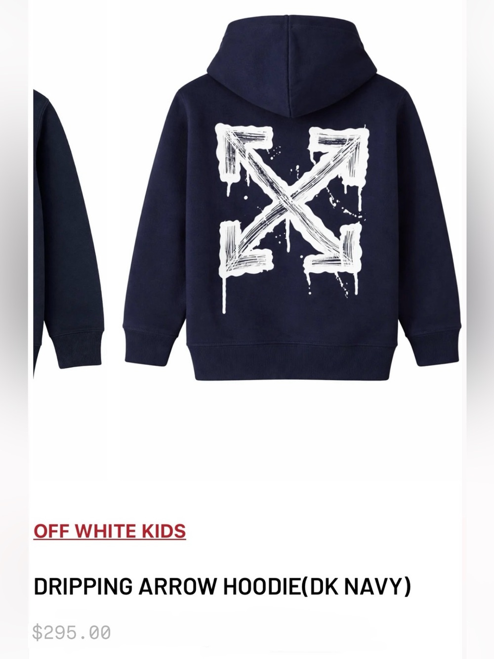 OFF-WHITE Kids Navy Hoodie with White Drip Arrow Back Graphic